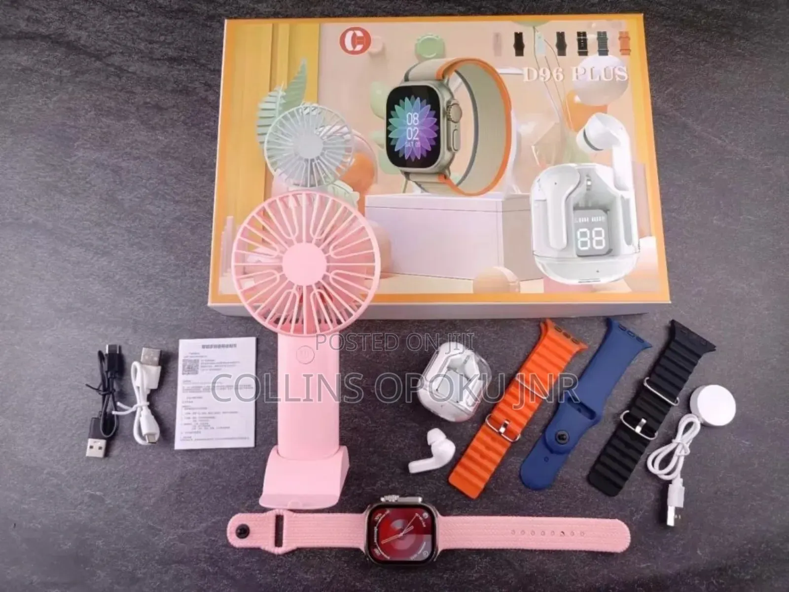 7-in-1 Ultra D96 Plus Smart Watch Earphone With 1 Fan-Pink
