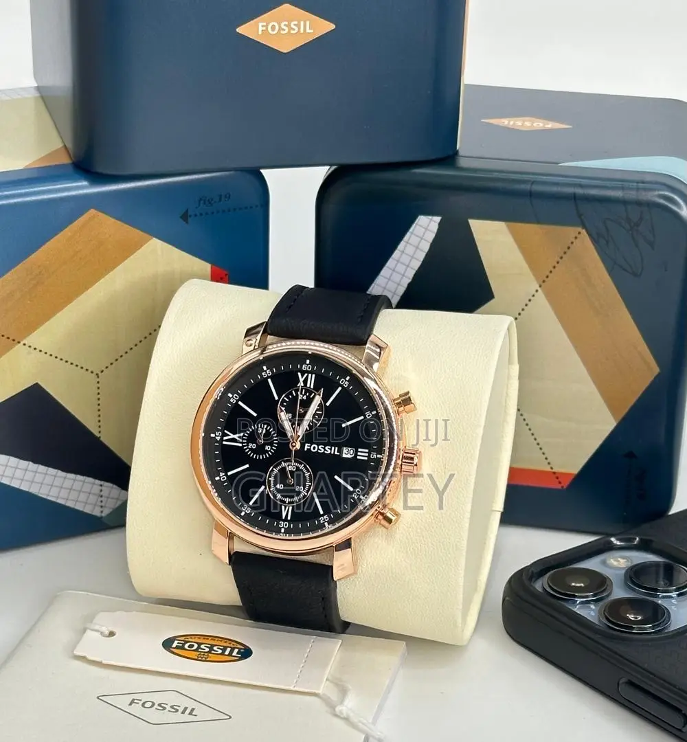 Luxury Chronograph Quality Leather Fossil Watch Black Strap