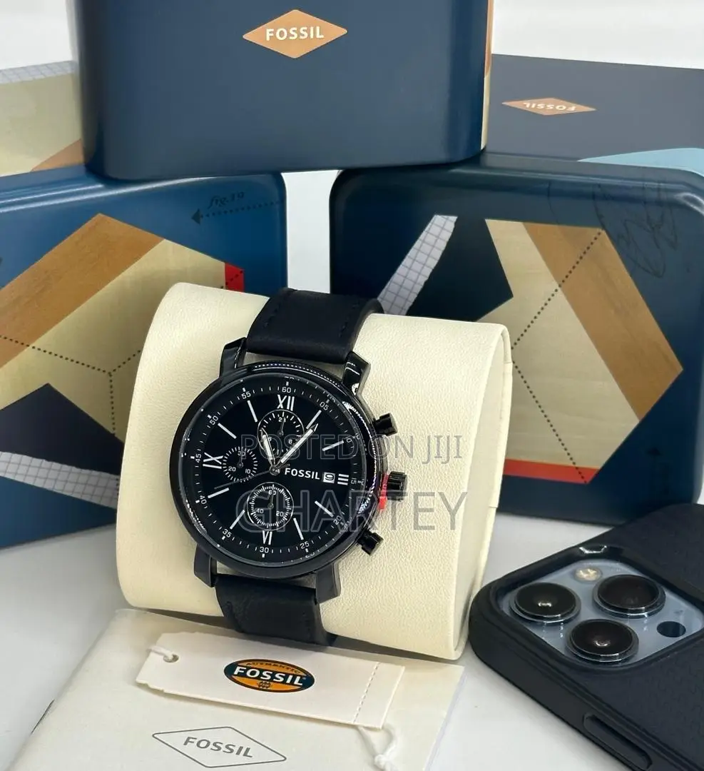 Luxury Chronograph Quality Leather Fossil Watch Black Strap