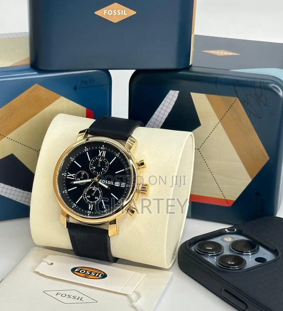 Luxury Chronograph Quality Leather Fossil Watch Black Strap