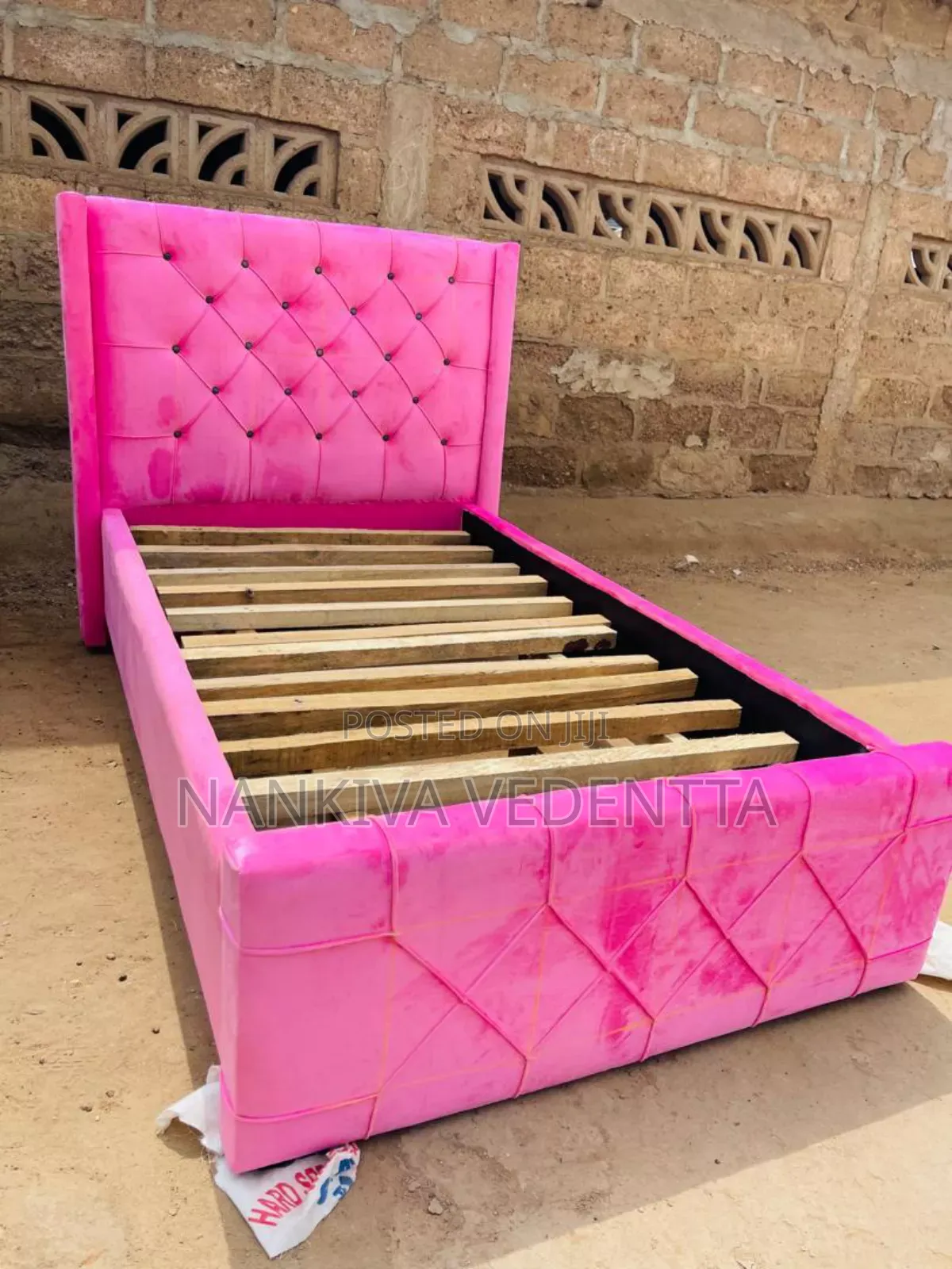 One and Half Pink Fabric Bed Frame