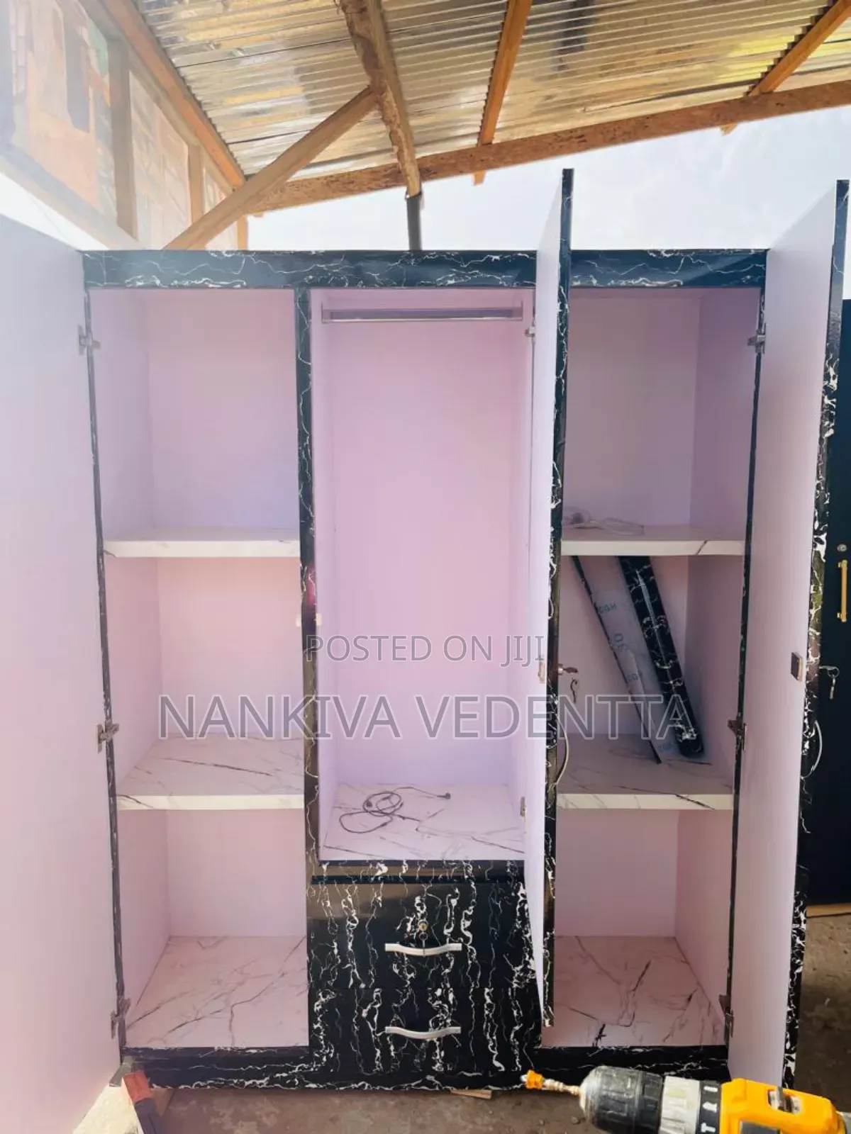 Three in One Wardrobe Marble Black and White Color