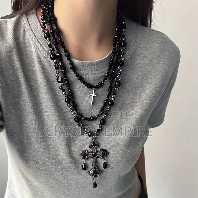 Black Long Pearl Cross Necklace