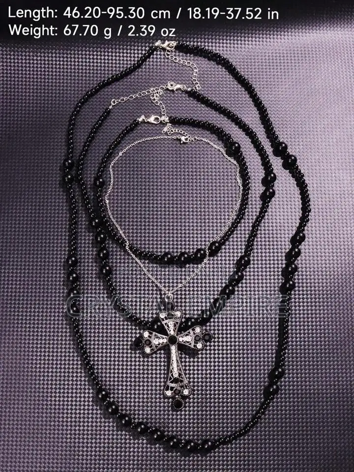 Black Long Pearl Cross Necklace