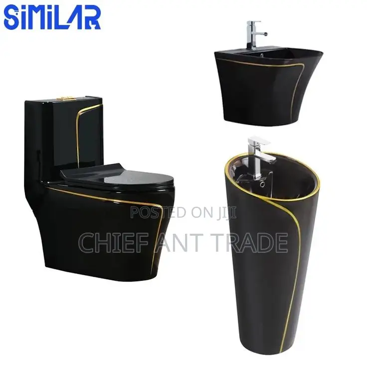 Toilet Seat Wc With Basin Black and Gold W652s + HGB-1