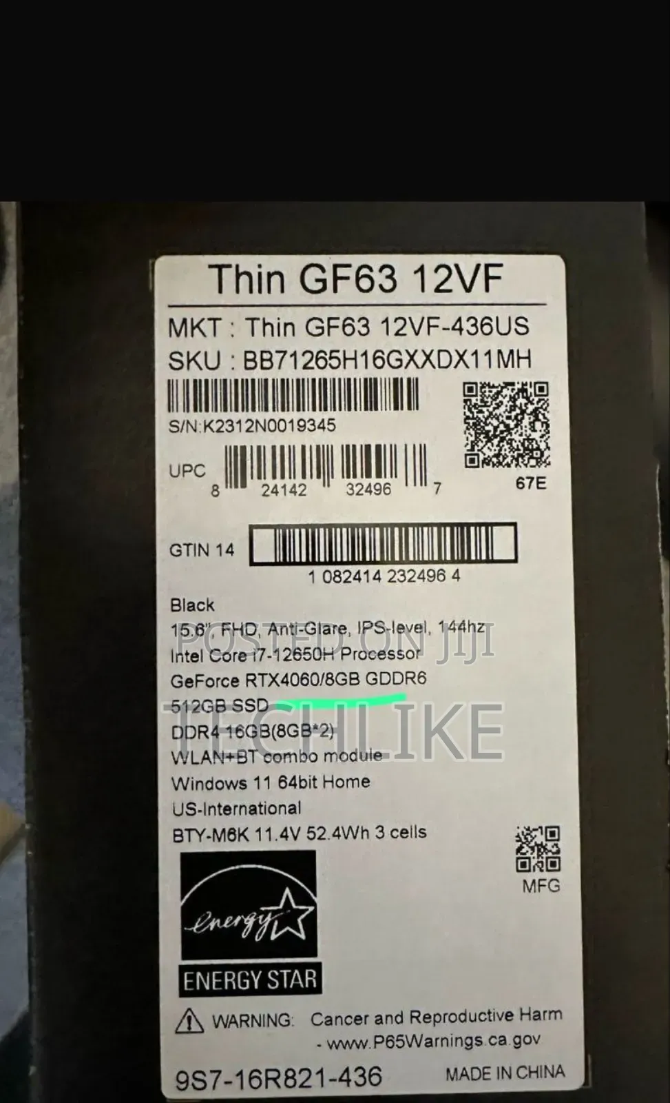 New Laptop MSI GF63 16GB Intel Core I7 SSD 512GB