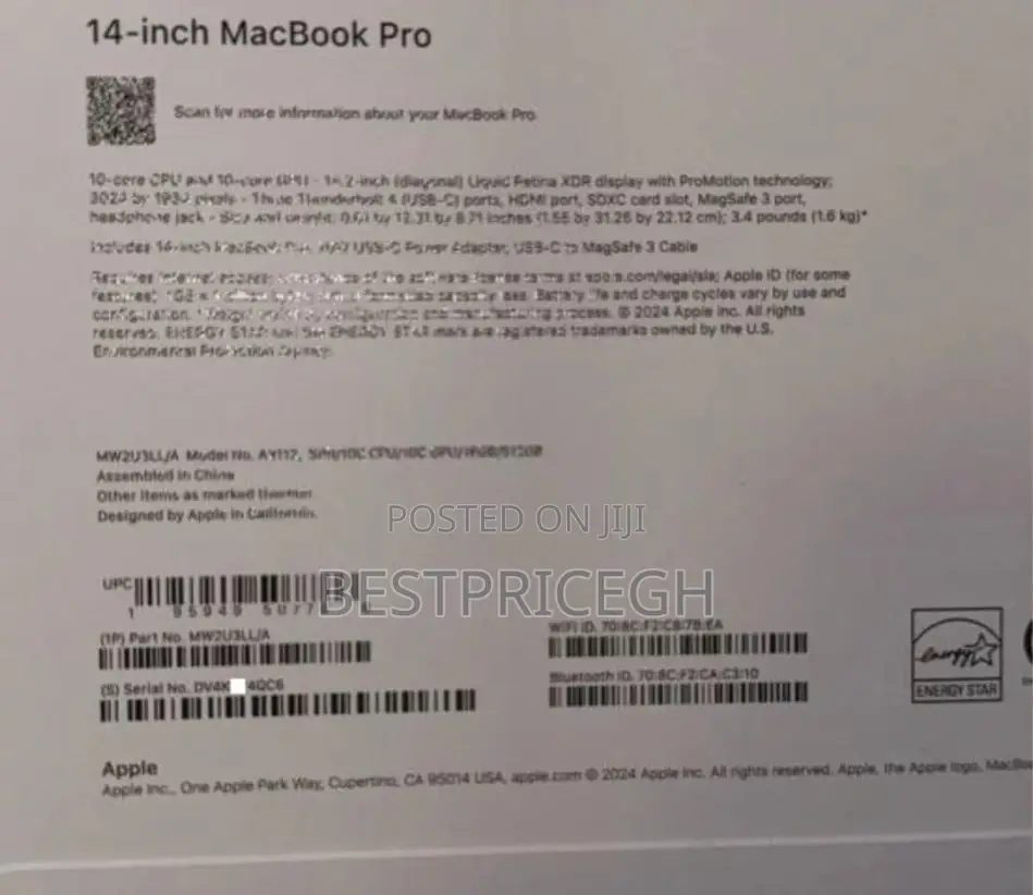 New Laptop Apple MacBook Pro 2024 M4 14-Inch 16GB Apple M4 SSD 1T
