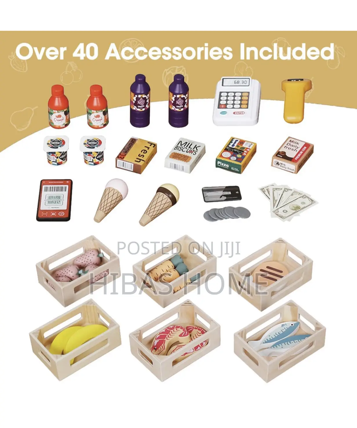 Kids Wooden Supermarket Shopping Cart With Toy Cash Register