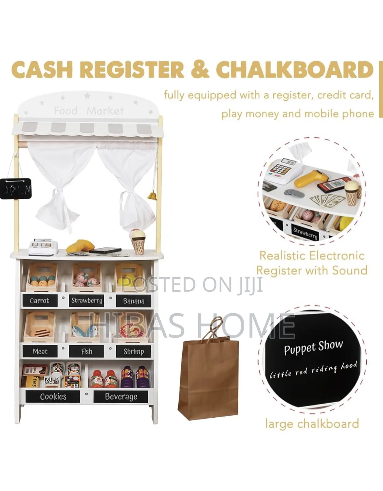 Kids Wooden Supermarket Shopping Cart With Toy Cash Register