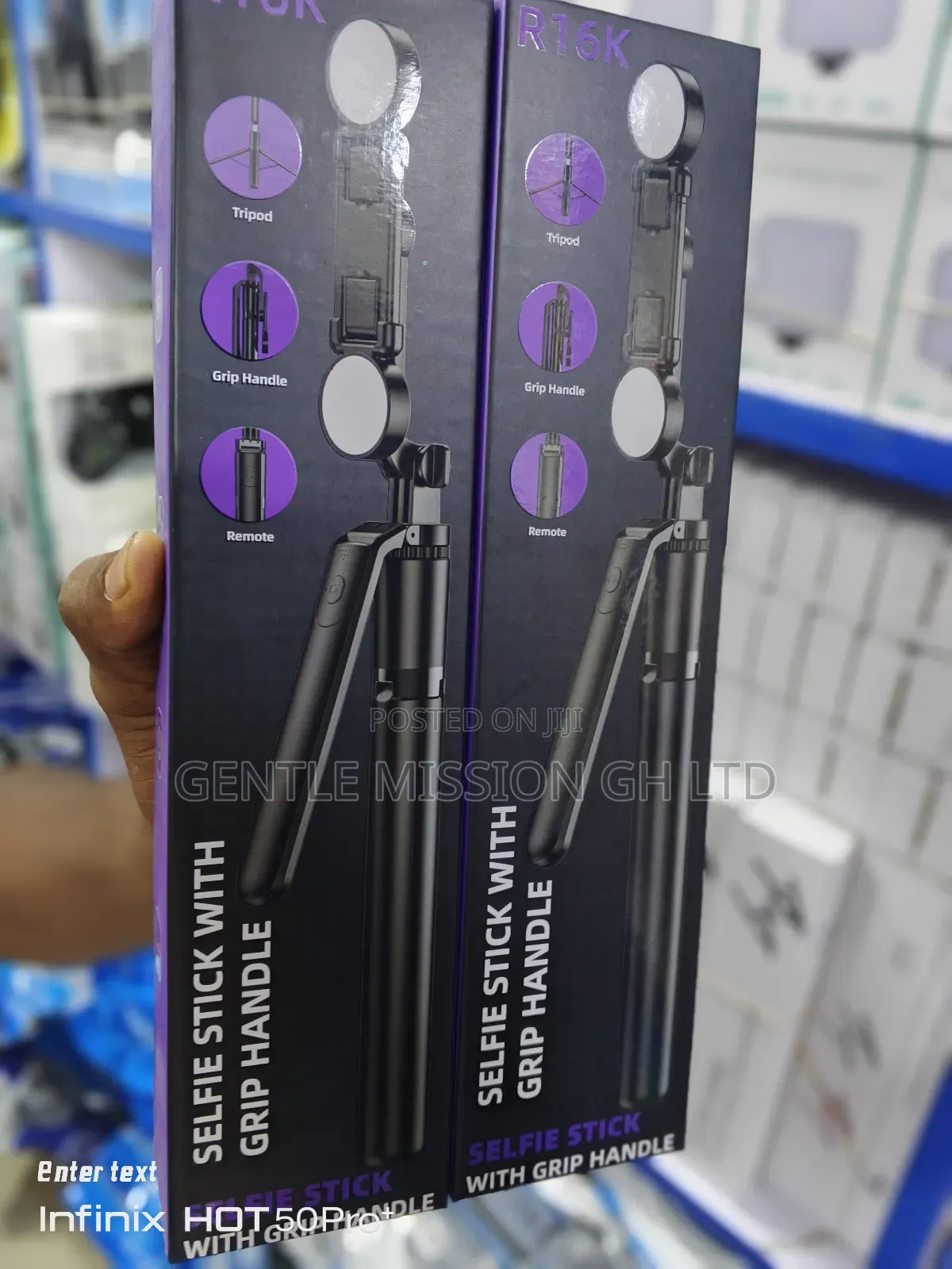 R16k) Selfie Stick With Grip Handle and 2 Led Lights