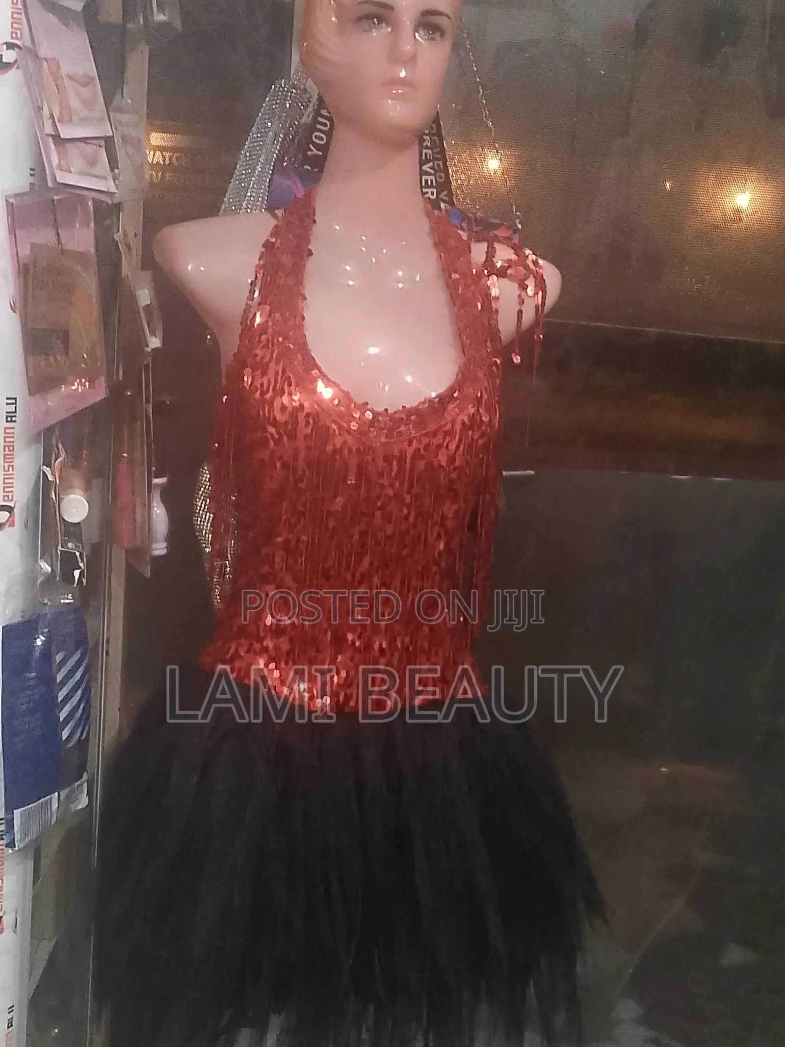 Red Sequence Black Flanges Design Ball Party Dress