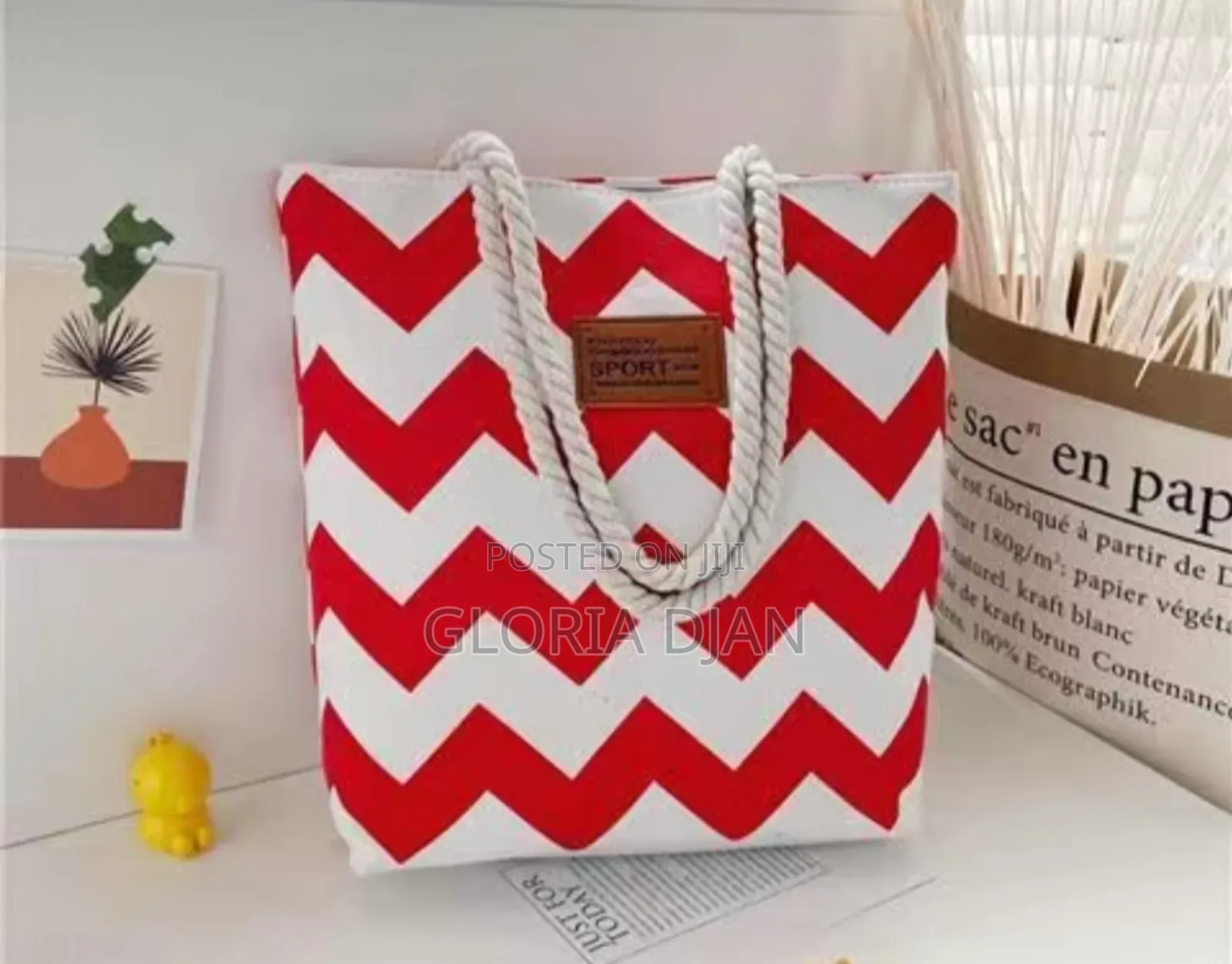 Tote Bag Red and White With Zip