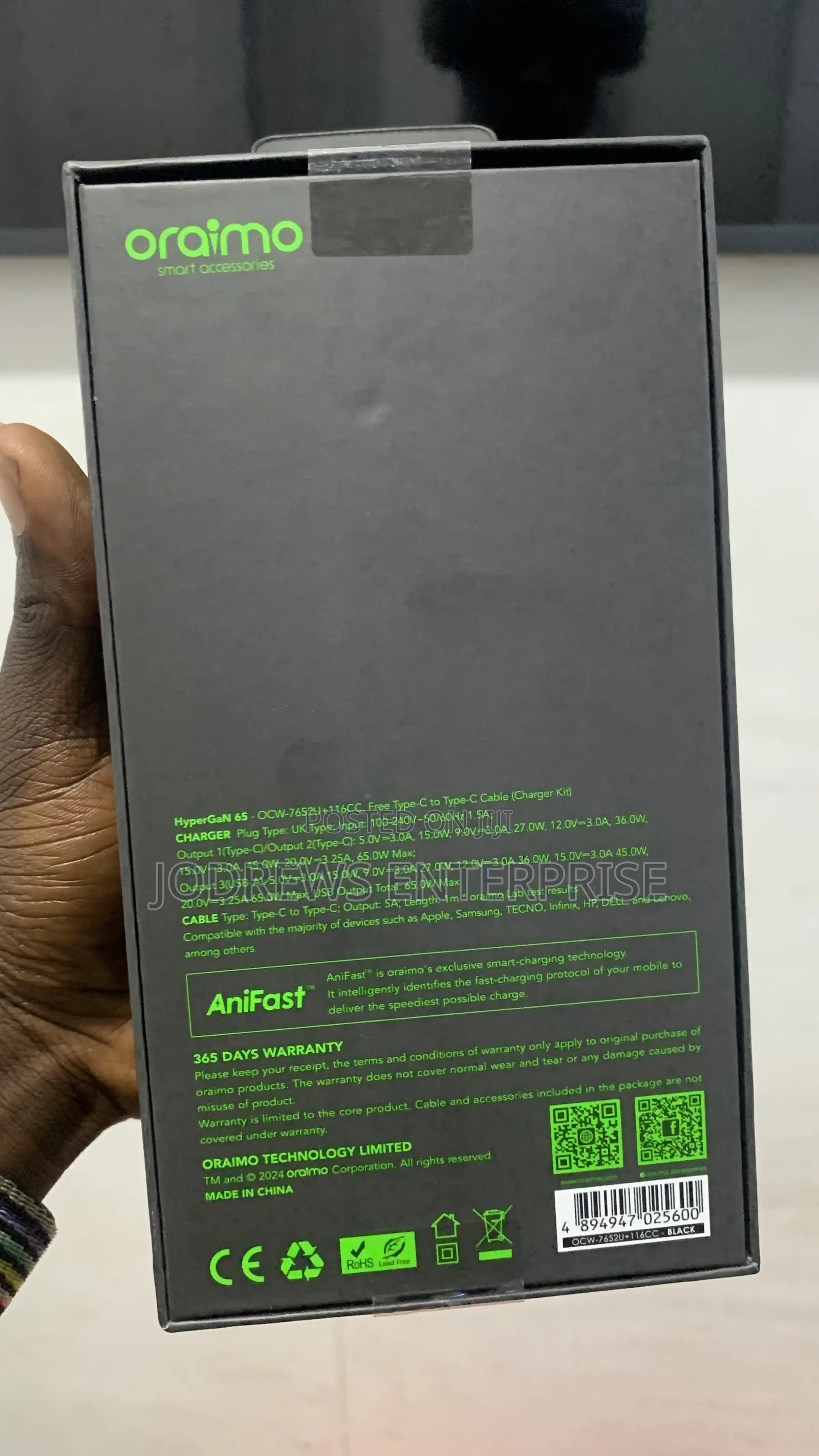 Oraimo Hypergan 65 65w Gan Wall Charger Kit + 100w Cc Cable