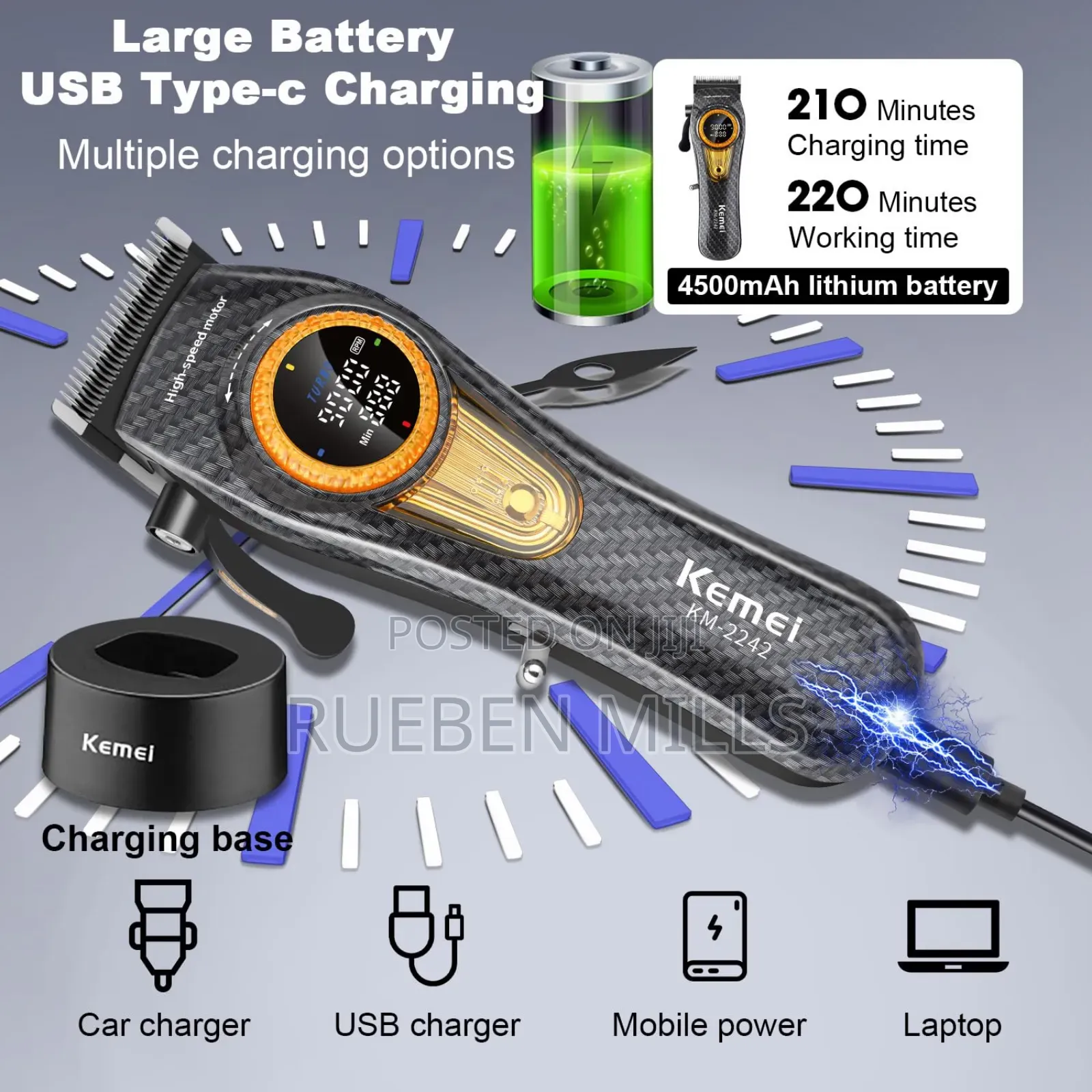 9000rpm Turbo Motor Kemei Barbering Machine Hair Clipper