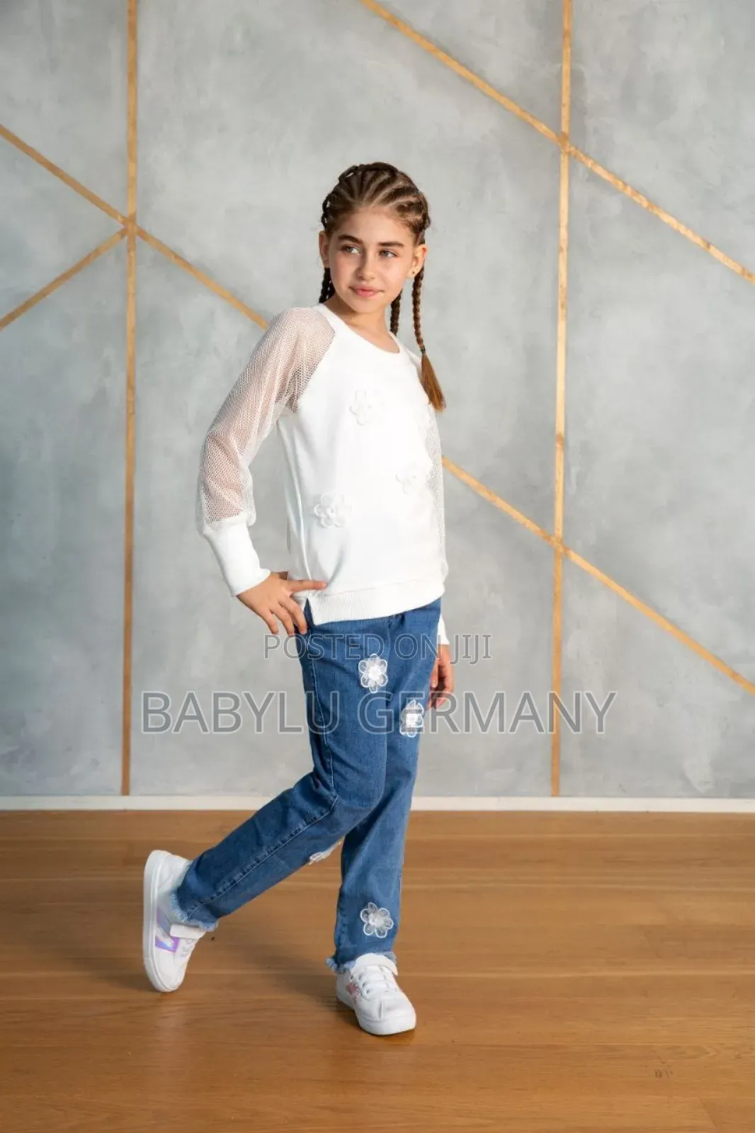 Premium White Sweater Blue Jeans for Girls. Floral Design