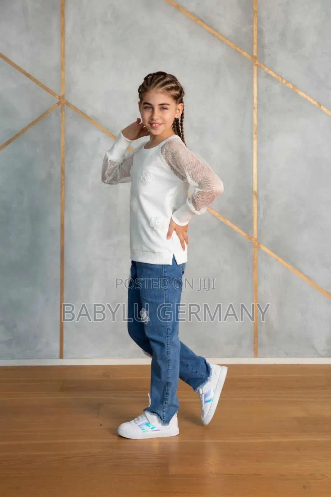 Premium White Sweater Blue Jeans for Girls. Floral Design