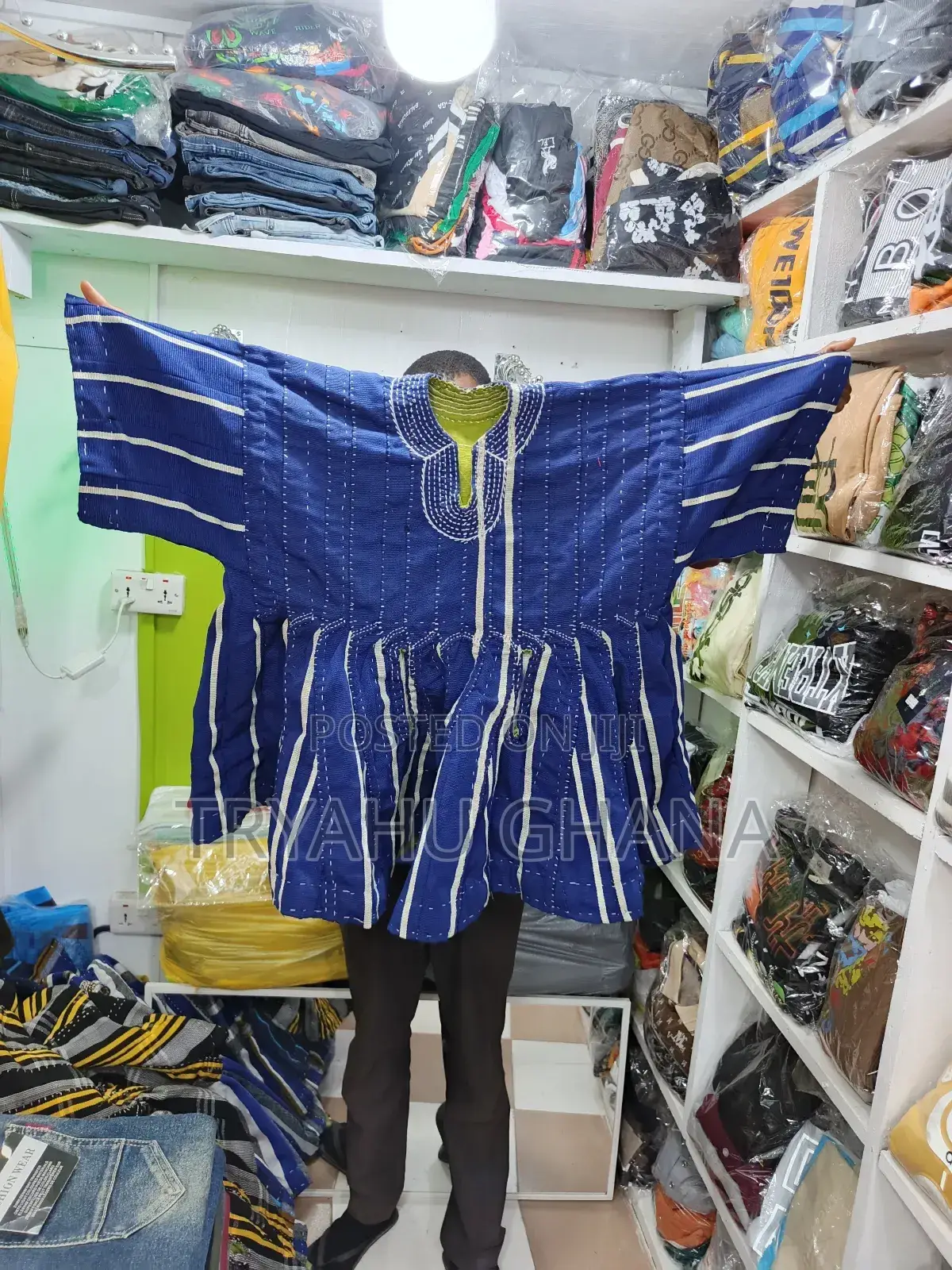 Blue And White Ghanaian Handmade Smock For Sale