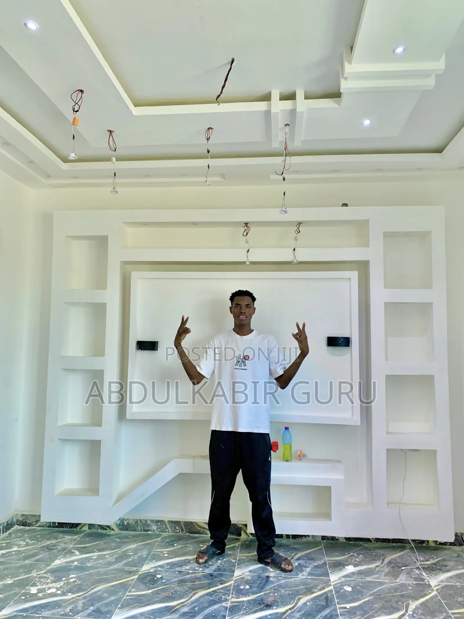 Modern Pop Ceiling Design, Tv Stand and Wall Skimming in Gh