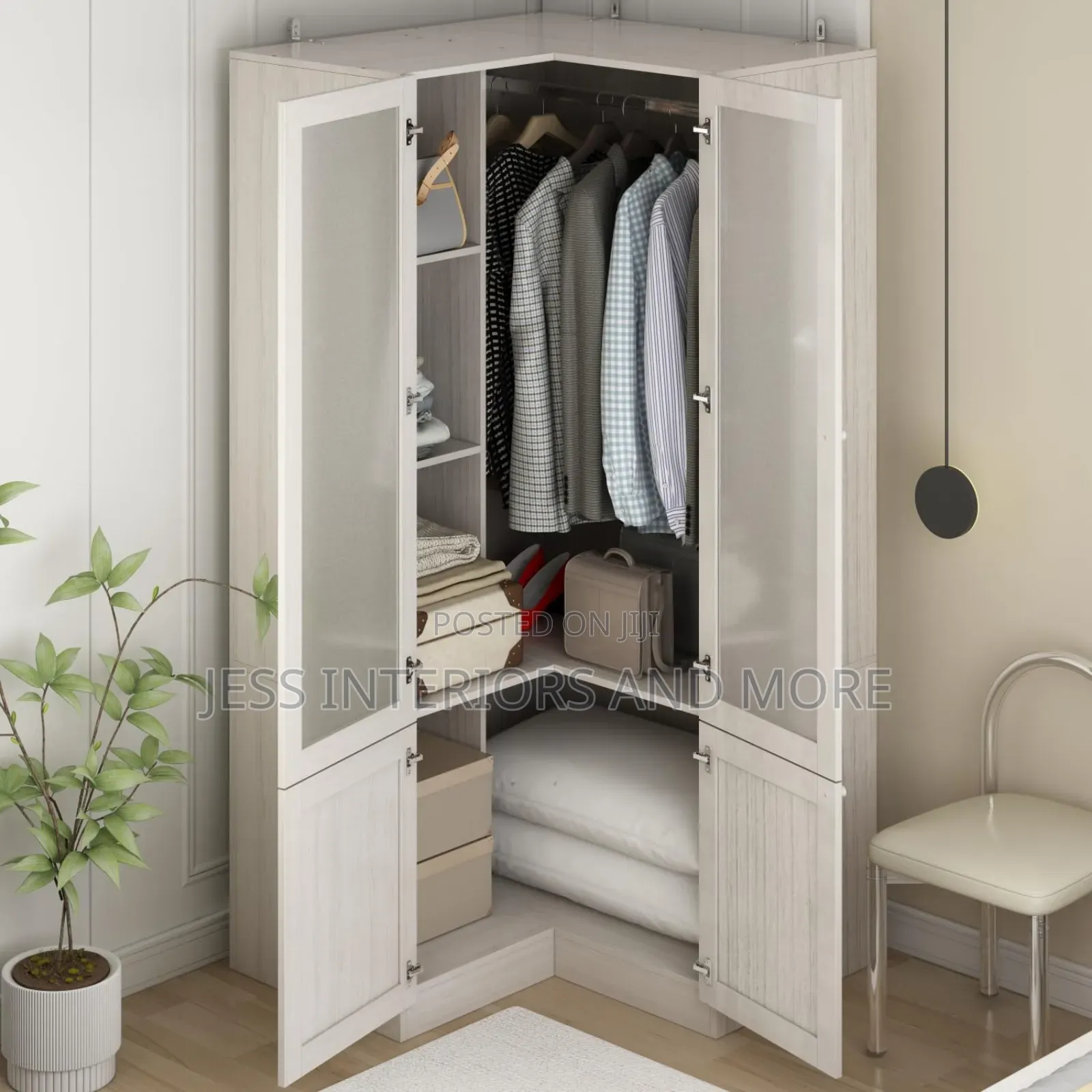 Wardrobe L-Shape Closet With Frosted Glass Doors