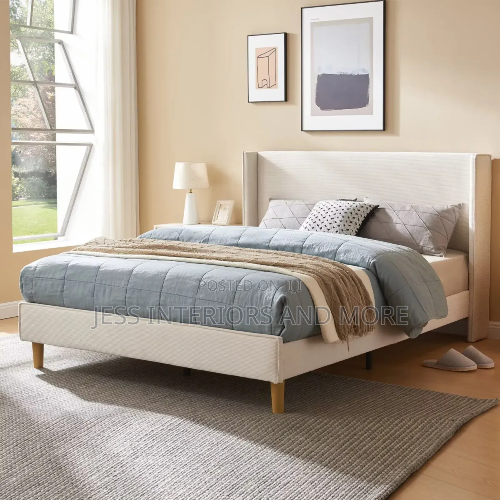 Queen Size Bed Frame (Corduroy) Cream