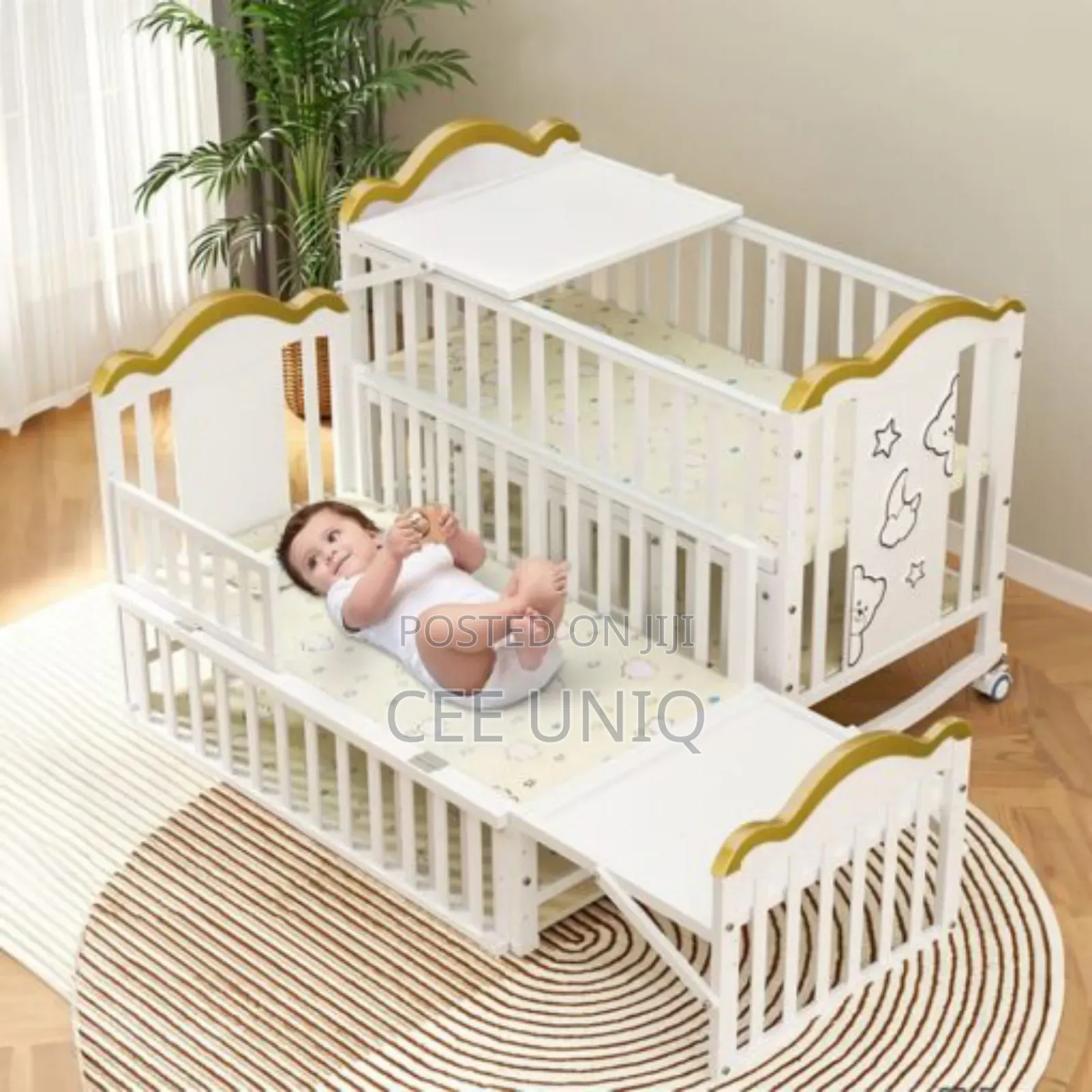 Wooden Cot or Crib With Net, Mattress and Cot Bumper Set