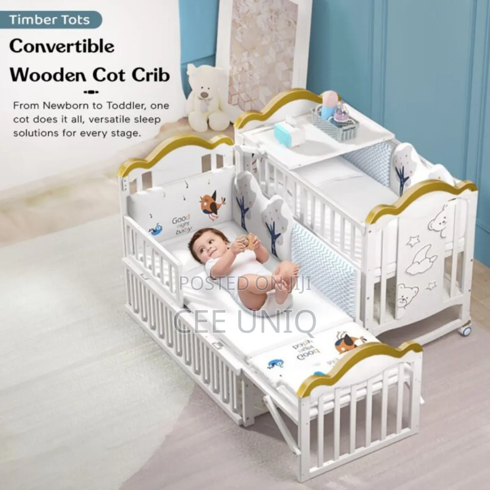 Wooden Cot or Crib With Net, Mattress and Cot Bumper Set