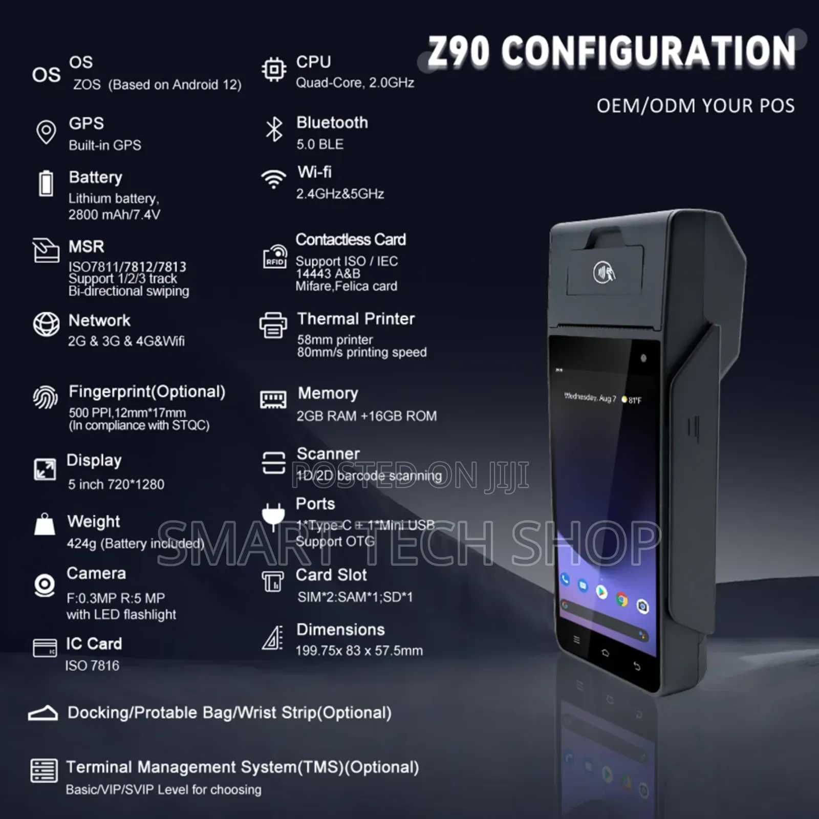 Z90 Emv Pci Credit Card Payment Pos Android 12 Nfc, +Chip