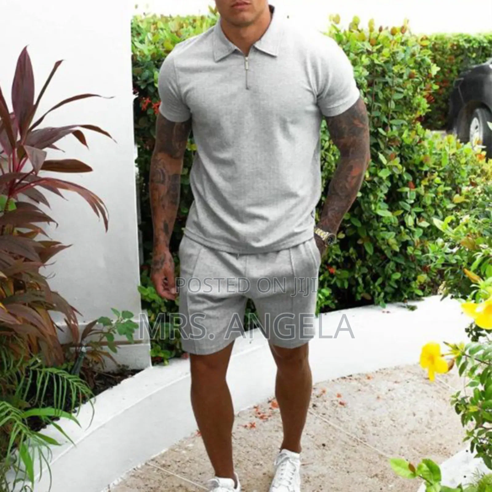 White Casual Zip Polo Shorts Set