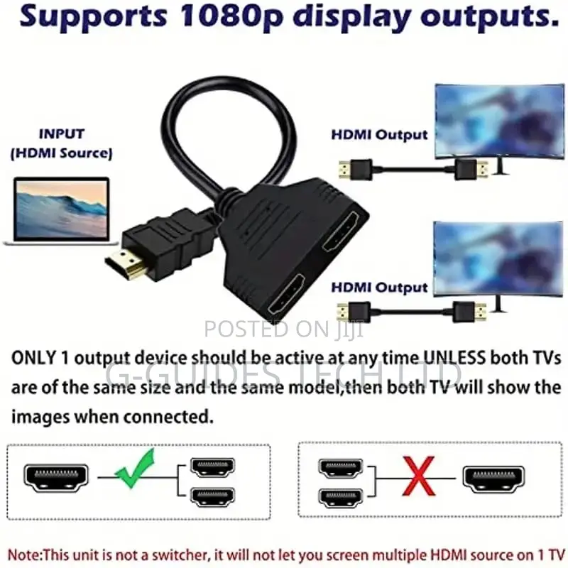 1-in 2-Out Hdmi Splitter Cable , 1 to 2 Hdmi Splitter Cable