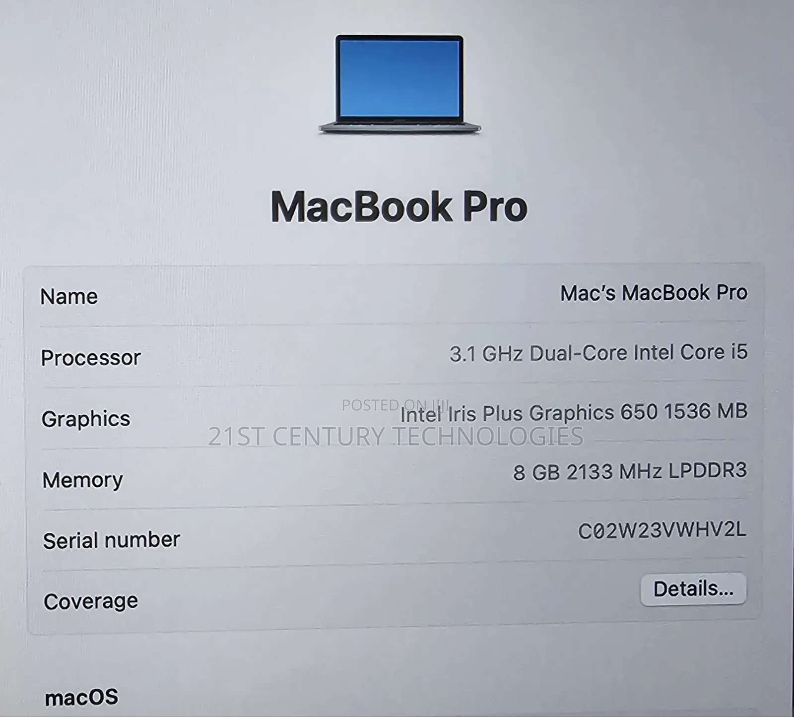 Laptop Apple MacBook Pro 2017 8GB Intel Core i5 SSD 256GB
