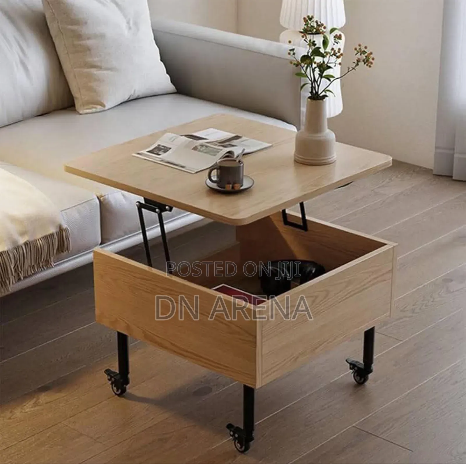 Wooden Coffee Table With Folding Top, Mobile With Wheels
