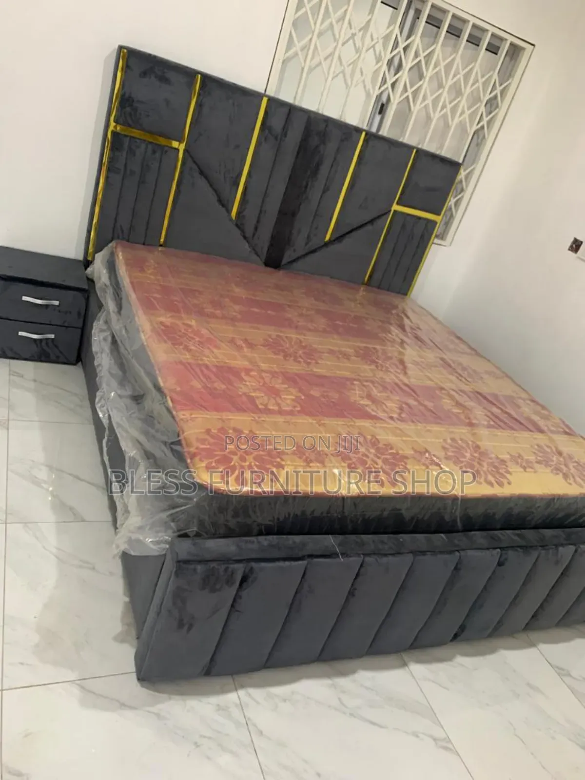 Gray and Gold Queen Size Bed Frame With Side
