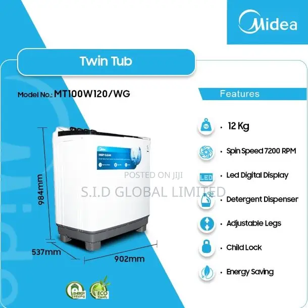Midea 12kg Twin Tub Washing Machine Mt100w120 / Wg