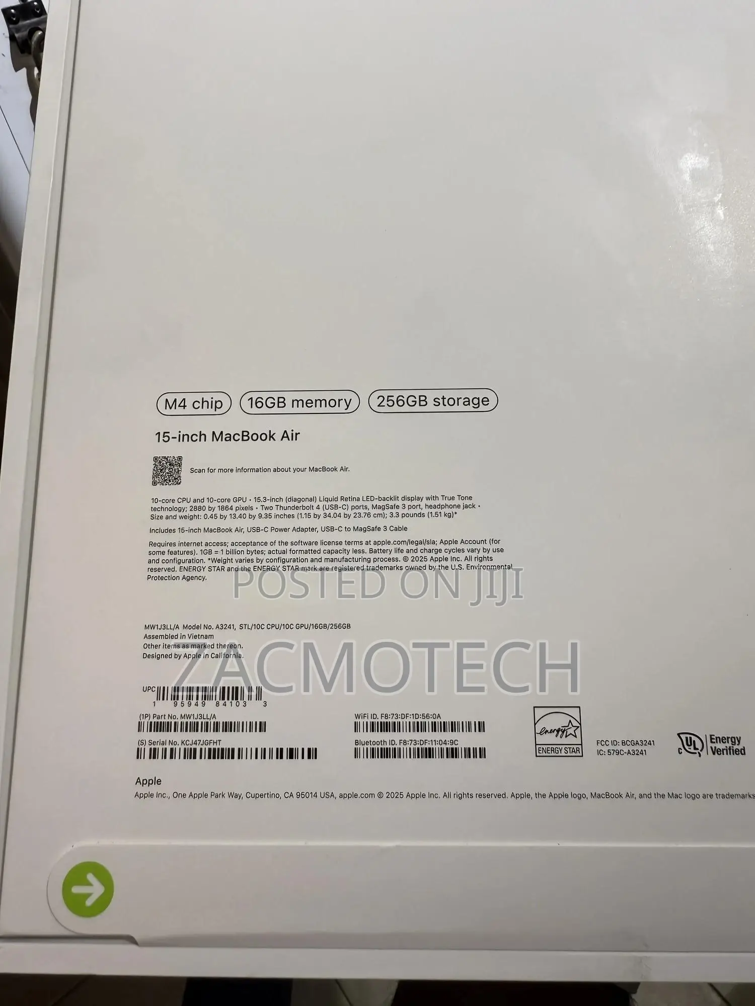New Laptop Apple MacBook Air 2025 M4 15-Inch 16GB Apple M4 SSD 256GB