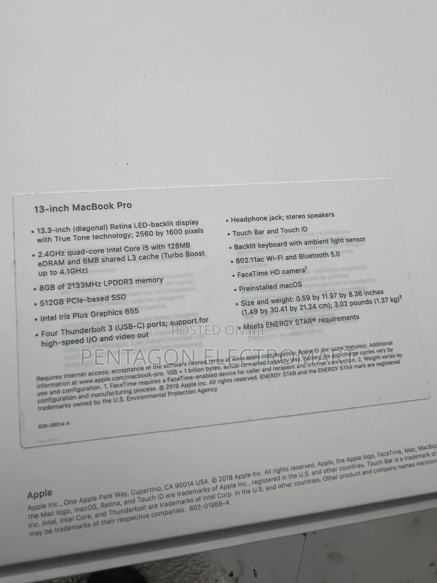 New Laptop Apple MacBook Pro 2019 8GB Intel Core I5 SSD 512GB