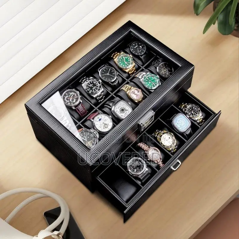 24- Slot Watch Box, Watch Case With Glass Lid, 2 Layers