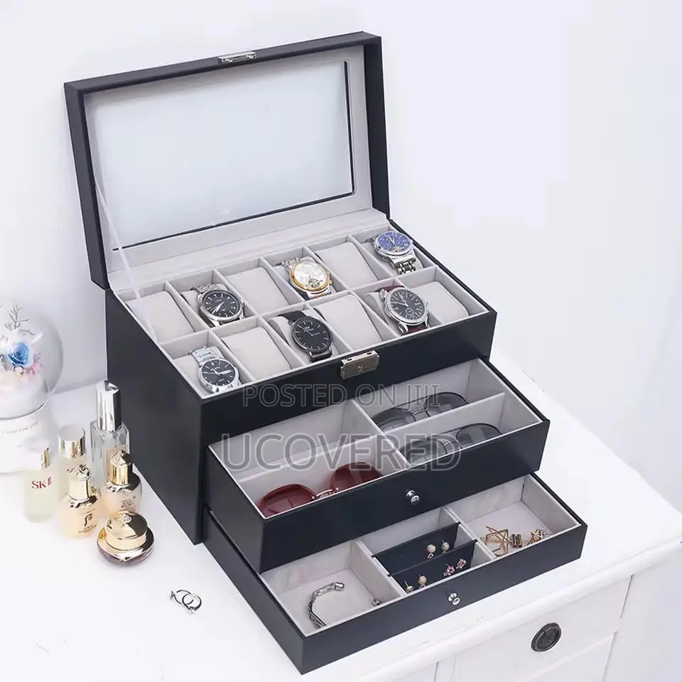 High End 12 Slot Watch Case for Men, With 2-Layer Jewelry