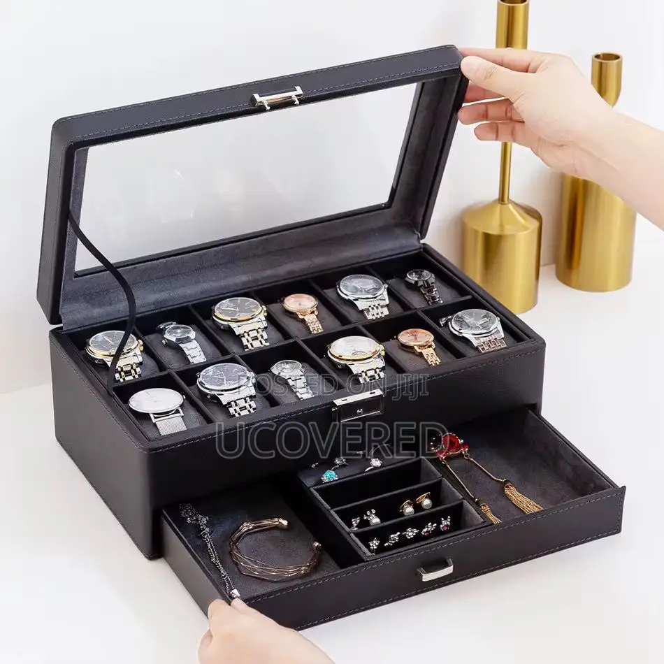 12 Slot Watch Case, With Jewelry Compartment, With Glass Lid