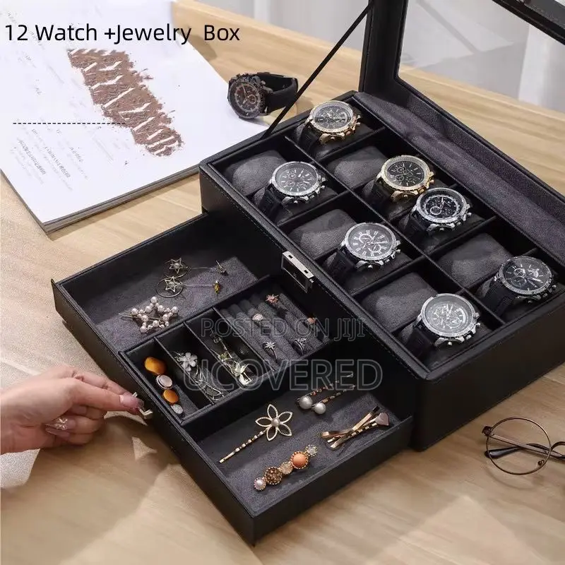 12 Slot Watch Case, With Jewelry Compartment, With Glass Lid