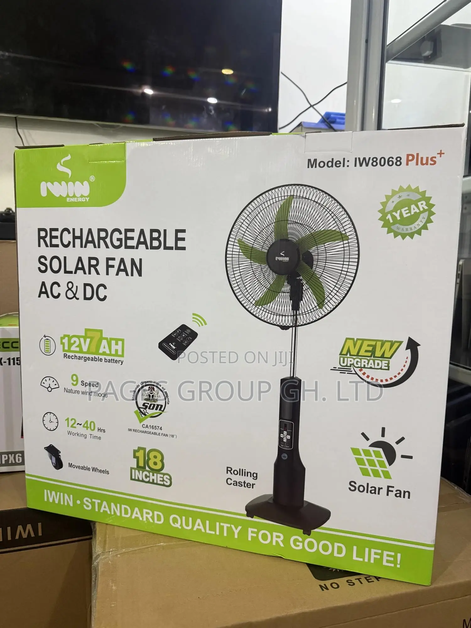 18” Iwin Energy Rechargeable Solar Fan Ac Dc