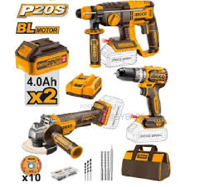Cordless Rotary Hammer + Impact Drill + Angle Grinder+2bty