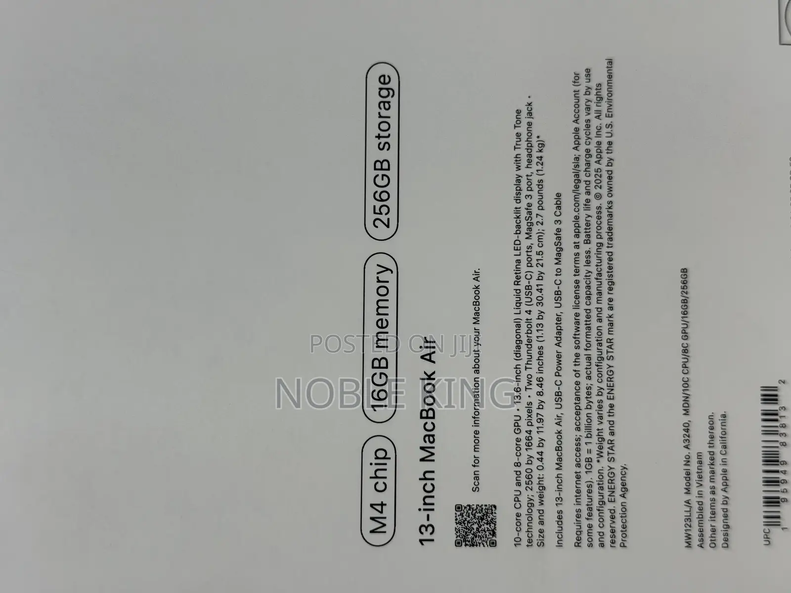 New Laptop Apple MacBook Air 2025 M4 13-Inch 16GB Apple M4 SSD 256GB