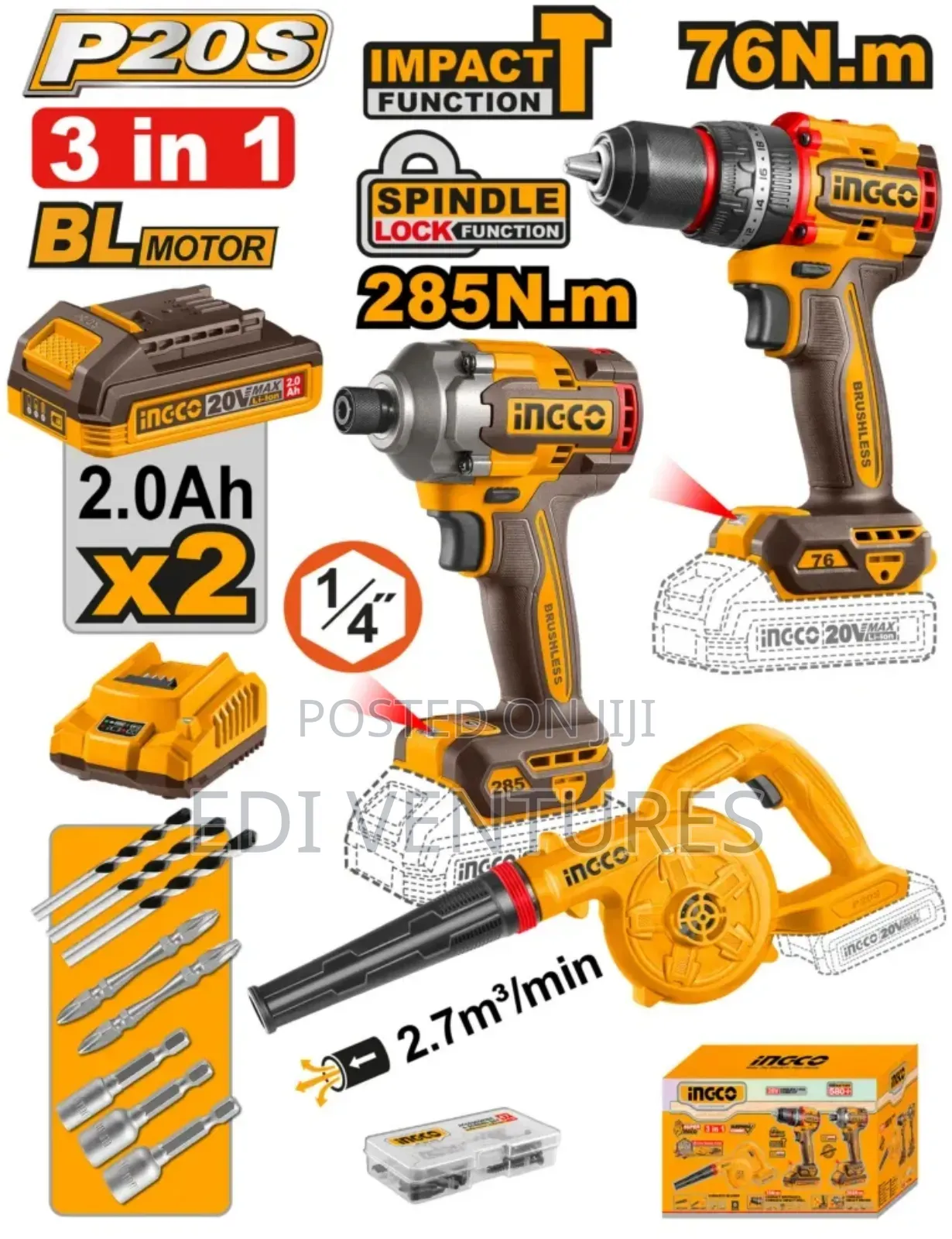 Ingco Cordless 20v Impact Drill Impact Driver 285nm Blower 2 Battery