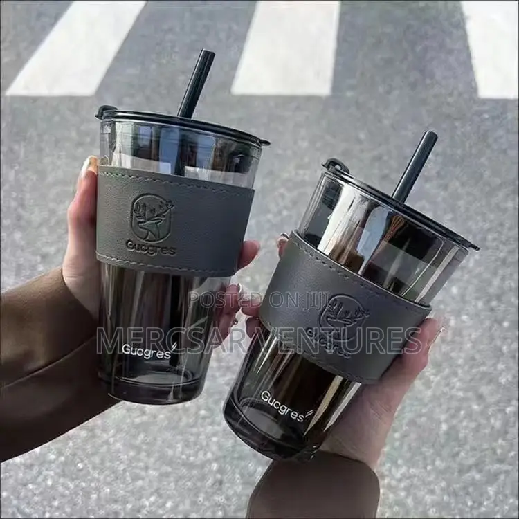 Sipper Coffee Mug With Leather Sleeve With Straw-450 Ml