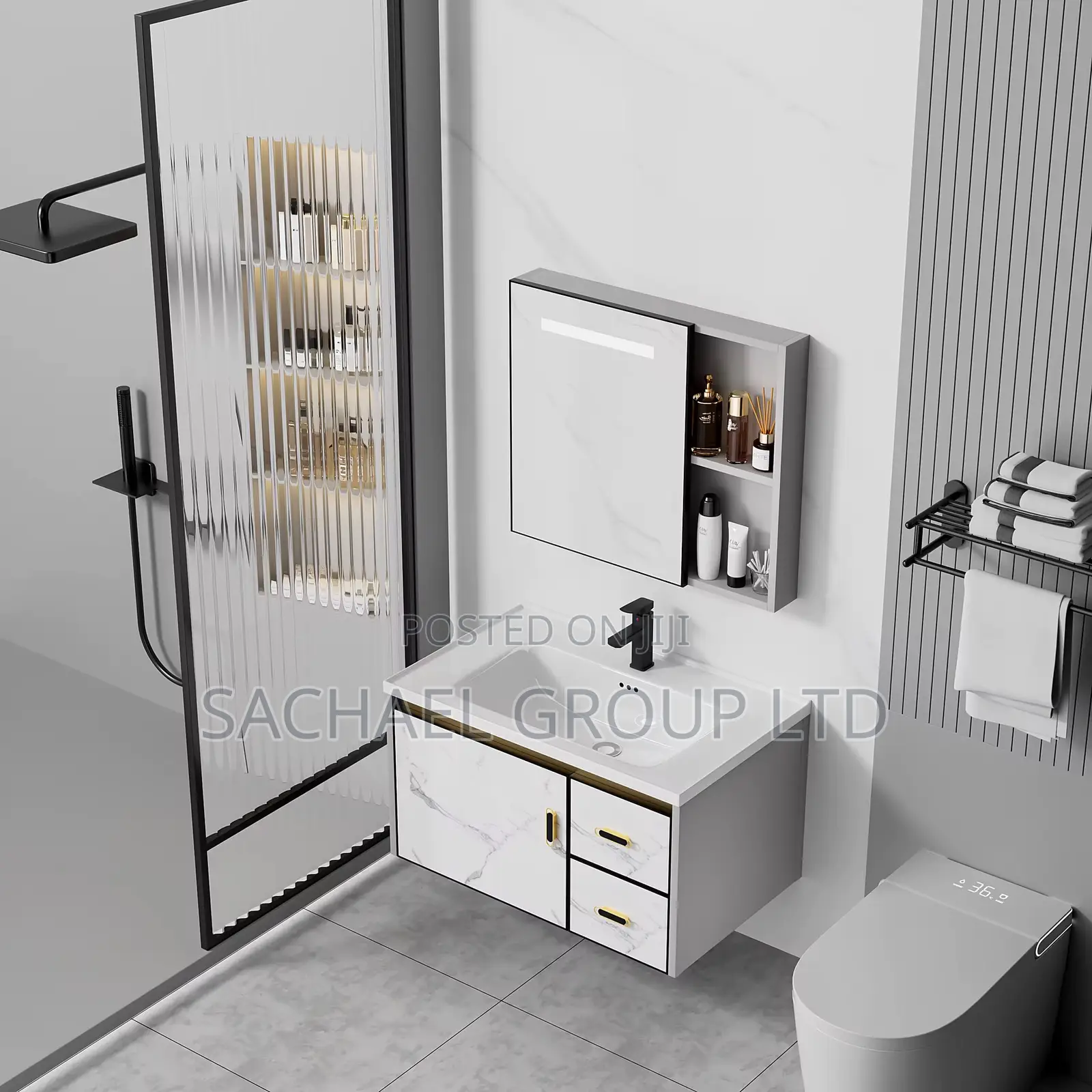 White and Gold Cabinet Basin 60cm