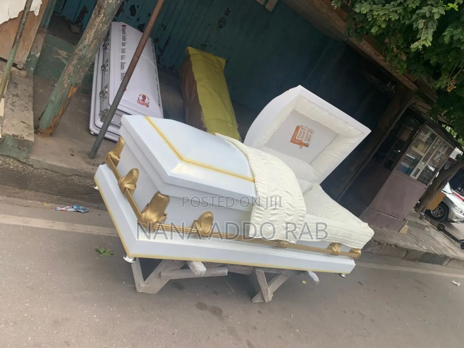 Original Ghana Made Casket .White With Gold Shade on Top of the Casket