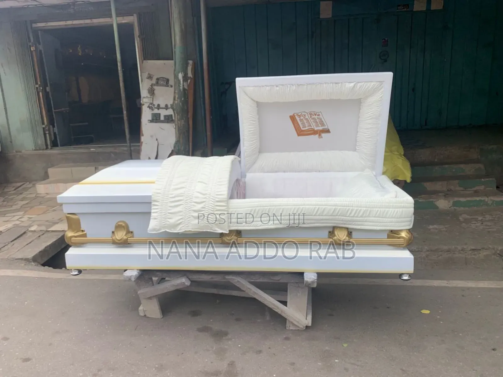 Original Ghana Made Casket .White With Gold Shade on Top of the Casket