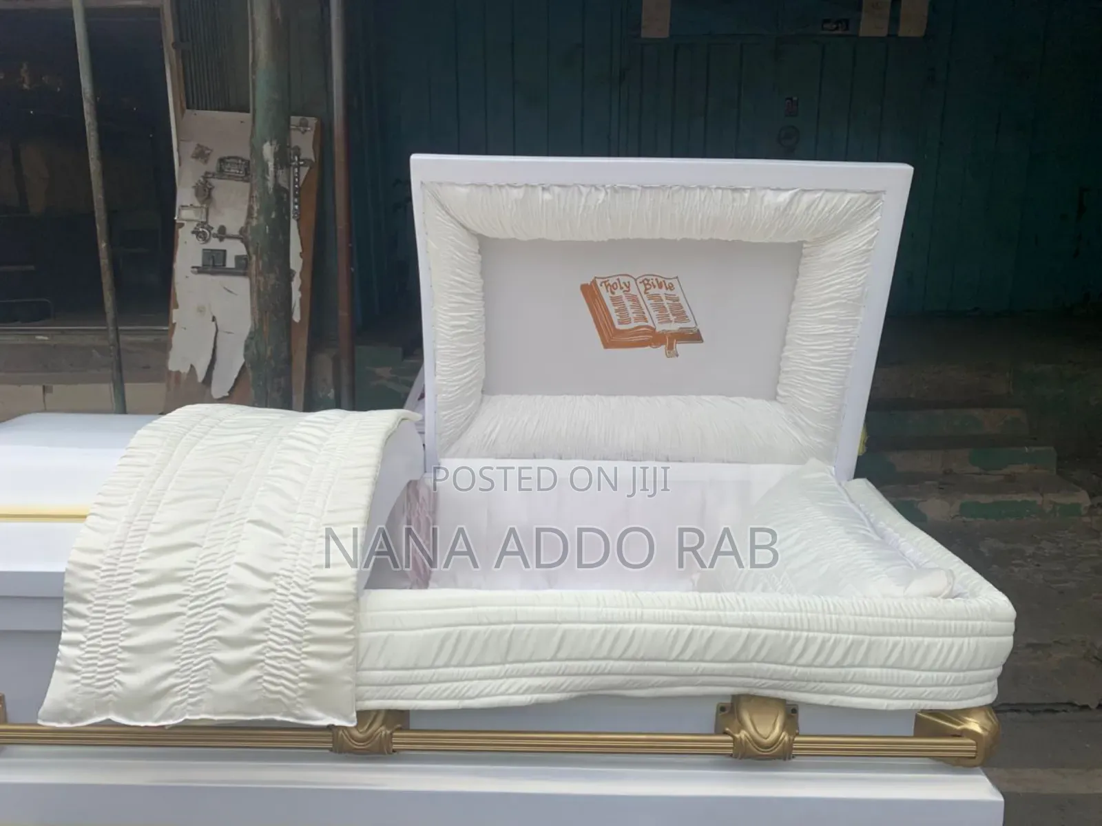 Original Ghana Made Casket .White With Gold Shade on Top of the Casket