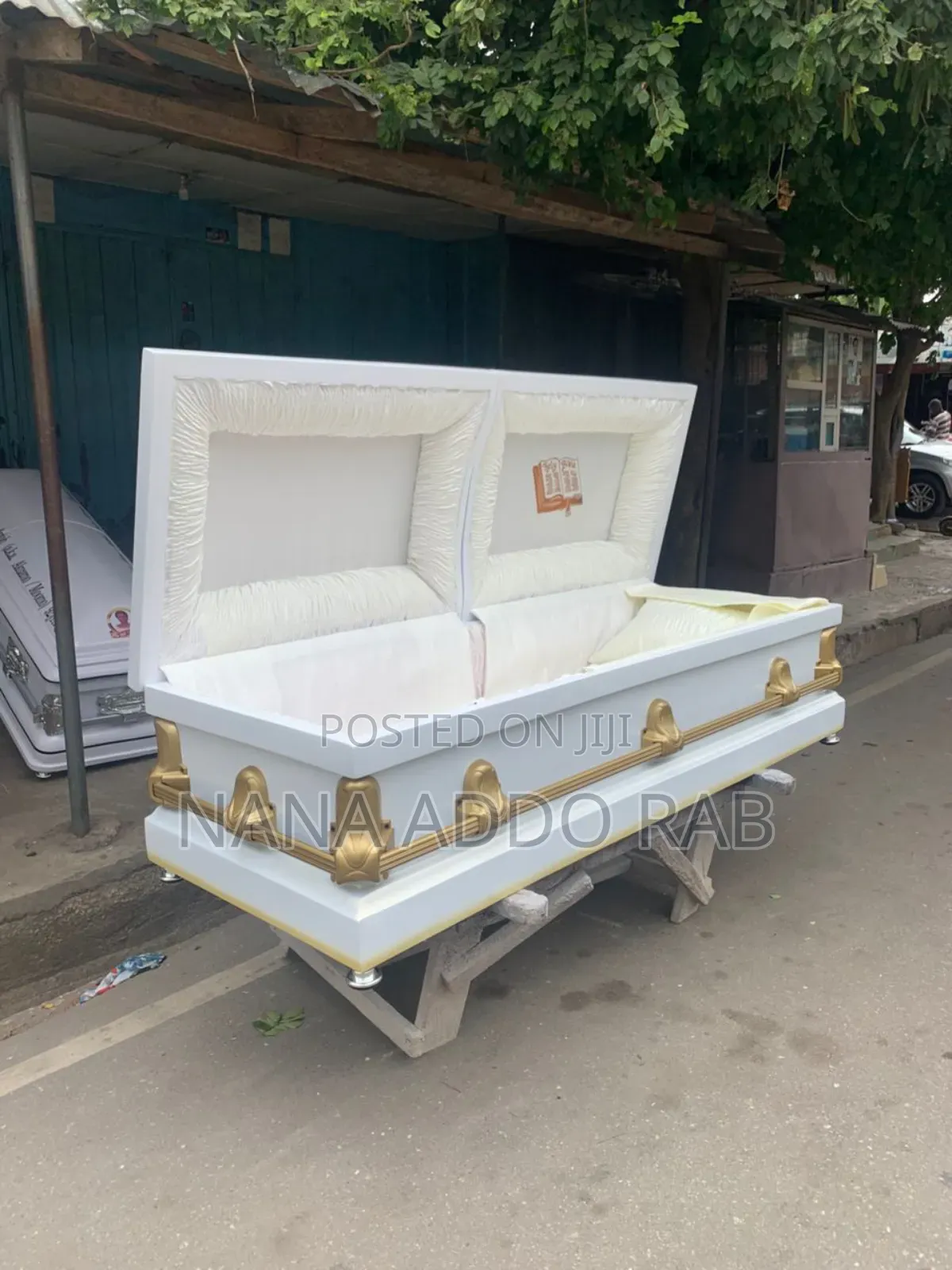 Original Ghana Made Casket .White With Gold Shade on Top of the Casket