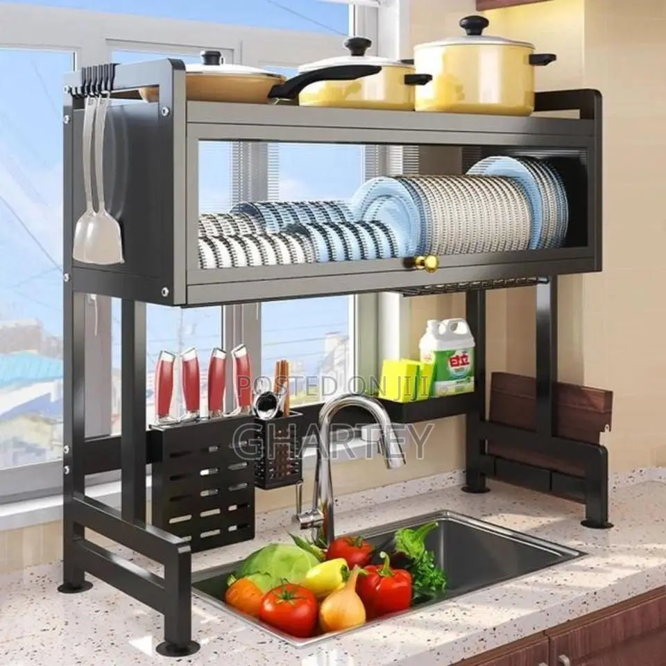 2 Tier Over Sink Dish Drainer Plates Rack - Black